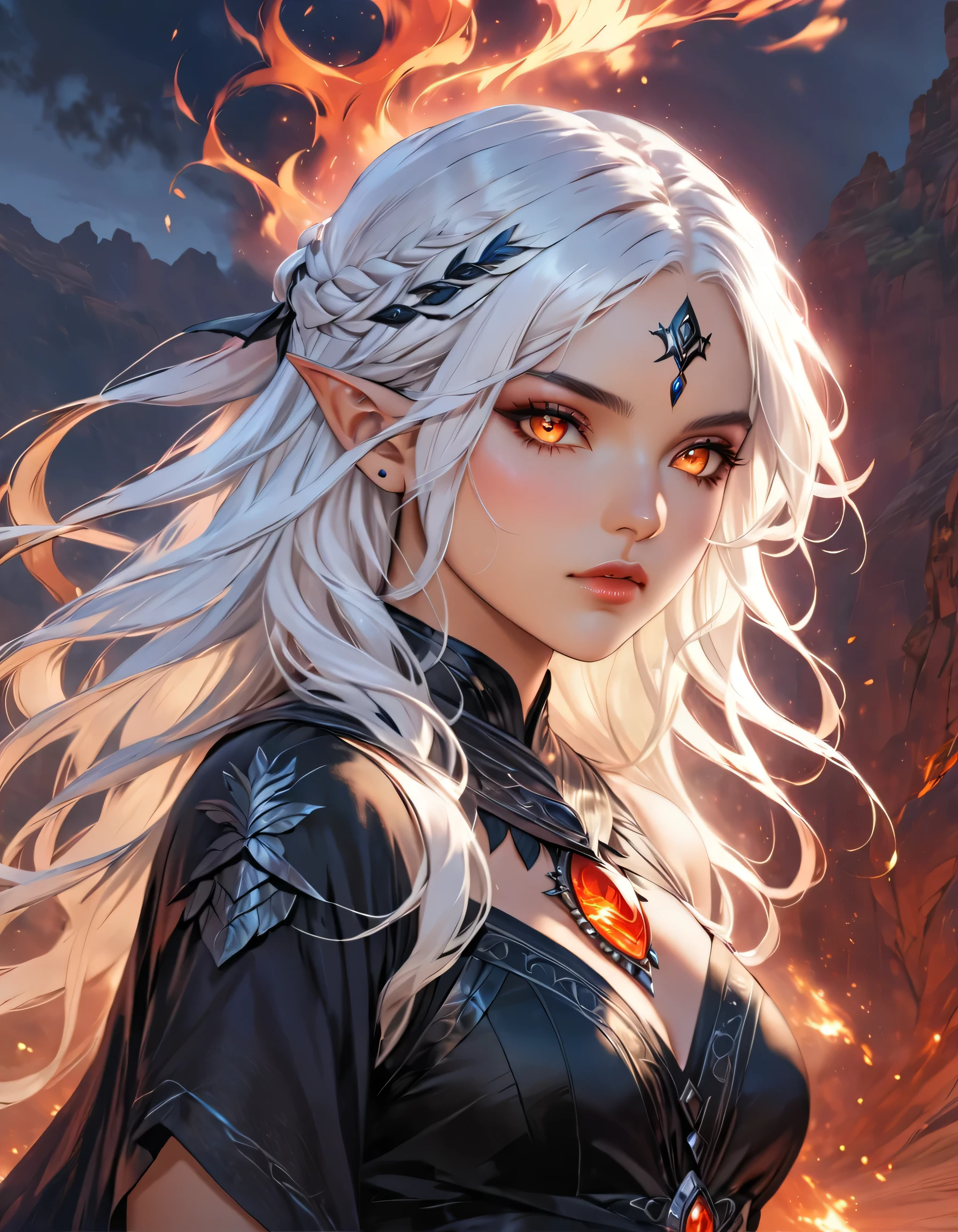 a portrait of a female dark elf, black skin, white hair, long hair, wavy hair, flowing hair, sparkling fiery eyes, there are jewelry in her hair. best quality, 16k, ultra detailed, masterpiece, best quality, (extremely detailed), dynamic angle, ultra wide shot, photorealistic, RAW, fantasy art, dnd art,fantasy art, realistic art