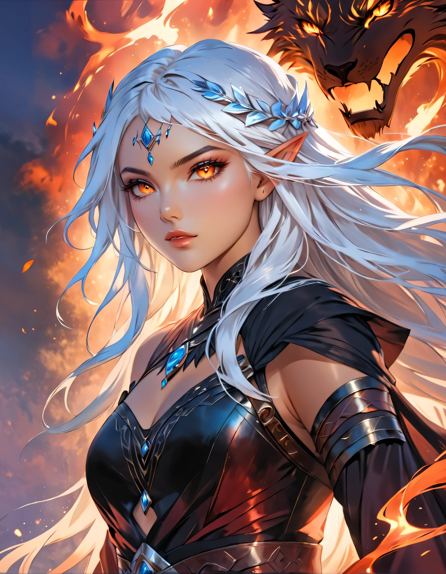 a lady with Long, flowing hair with icy blue and fiery red streaks, one ember red eye and one icy blue eye, gradient cape from icy blue to fiery red, form-fitting bodice with crystalline ice and flame motifs, asymmetrical sleeves with one frosty and one fiery, icy blue glove with frost patterns and fiery red glove with flame designs, hybrid design pants with one leg in dark fire-resistant material and the other in crystalline fabric, knee-high boots with one icy and one volcanic, dual-themed belt, snowflake and flame earrings, color-shifting pendant, aura of cold mist and flickering flames, staff or dual blades with icy crystals and molten lava, (nude:0.9) detailed gorgeous face| anime style| key visual| intricate detail| highly detailed| breathtaking| vibrant| panoramic| cinematic| Carne Griffiths| Conrad Roset| gibbli 8k