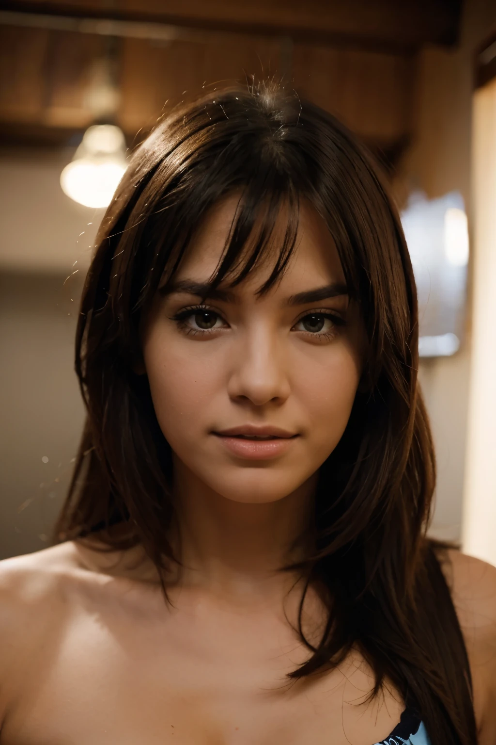 A young girl has a perfect face, combining the beautiful features of Karen Gillan and Ana de Armas. Her large eyes radiate sophisticated elegance and intrigue., emphasizing the individuality of both actresses. Hair is long and smooth, don&#39;t interfere with seeing your face, and their texture combines the charm of both stars. Nose graceful, and eyelashes add mystery and attractiveness to the look. mouth closed, a gentle smile emphasizes confidence and attractiveness. This face combines the ideal features of both actresses, creating an aesthetically perfect portrait. The cologne of this person will highlight the natural beauty and charm of each of them.