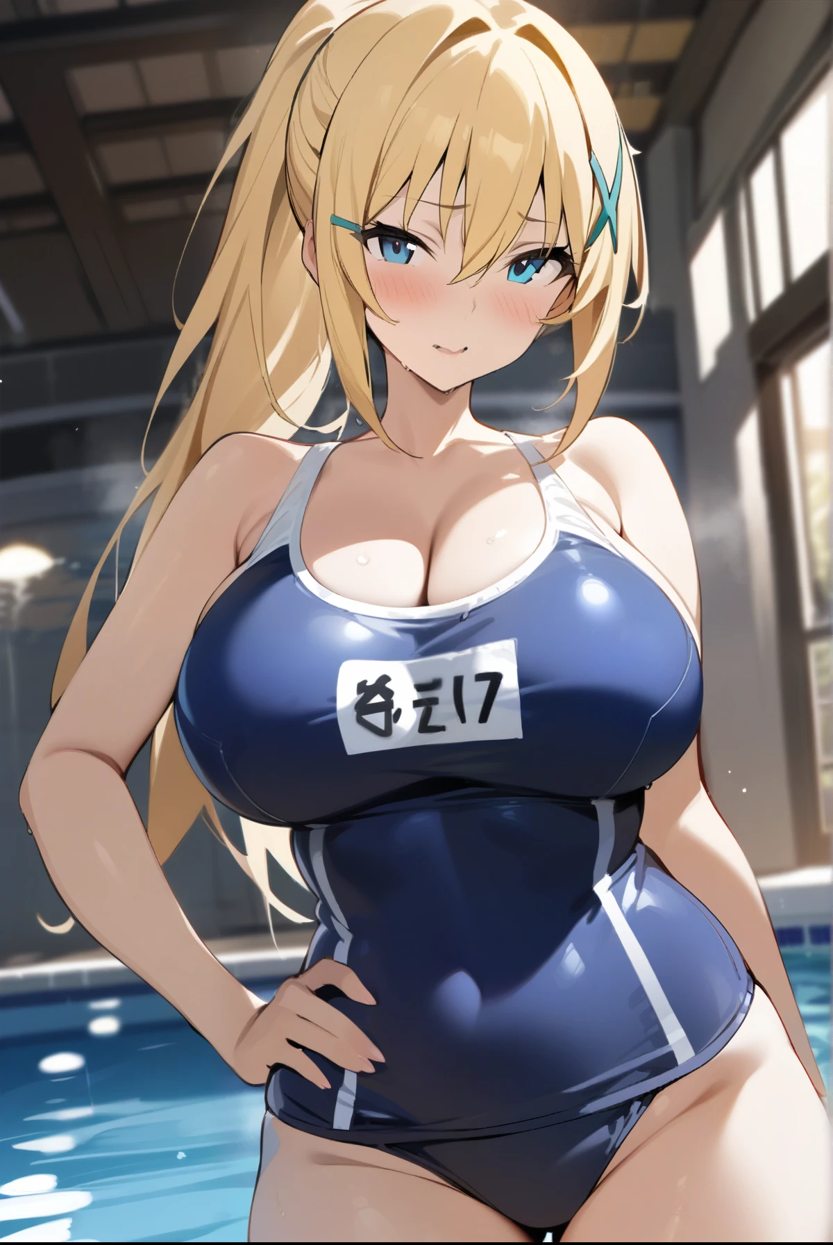 score_9, score_8_up, score_7_up,masterpiece, best quality, intricate details, absurdres,1girl,Darkness(Konosuba),(large, curvy breasts),blonde hair,blue eyes,blush,breasts,competition school swimsuit,cowboy shot,hair ornament,hand on own hip,indoors,large breasts,long hair,looking at viewer,ponytail,pool,school swimsuit,solo,swimsuit,x hair ornament