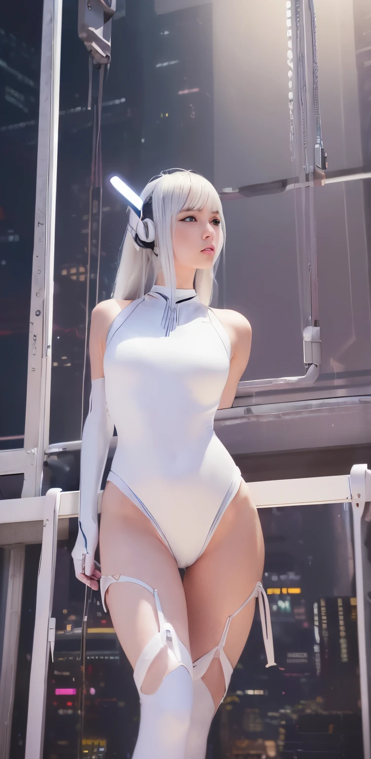 masterpiece、((White leotard))、 ((Plug Suit)), ((beautiful girl:1.2))、Body-fitting mecha leg rack metallic suit、Are standing、Tied up、((Cyberpunk background))、(Neon Light)、(Futuristic Machine Factory Background)、cyberdyne、beautiful girl、、Asian Beauty, (Actuator and cable exposed on abdomen.、Complex 3d rendering beautiful porcelain profile super detailedd female android face、150mm、Beautiful studio soft light、Rim Light、Sharp details、Gorgeous Cyberpunk、Ren Hao、Surreal、Anatomical、Facial muscles、Elegant、Beautiful background、Octane Rendering、HR Giger style、8k、Highest quality、masterpiece、Consciousness upward、Very delicate and beautiful、 very detailed CG、Unity、wall-、(Realistic、Realistic:1.37)、wonderful、detailed、masterpiece、Highest quality、Official Art、Highly detailedd CG Unity 8k wallpaper、Silver beads、Ezvian everywhere、Are standing,open yout legs