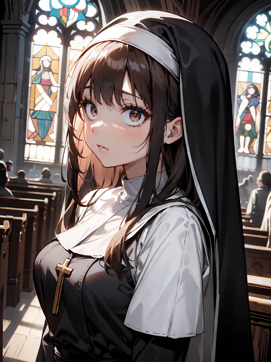 masterpiece, 8k, high quality, cinematic light, dramatic shading, backlighting, light rays, 1girl, adult woman, best perfect anatomy, medium breast, thin, curve body, nun, mouth mask, white glove, long hair, black hair, messy hair, deep brown eyes, Pretty Face, expressionless, Constricted pupils, scared, traumatized, looking at viewer, (background : stained glass, church, arch), cowboy shot, Shooting up close, Shooting from the person,