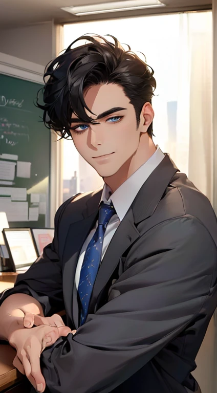 (best quality,4k,8k,highres,masterpiece:1.2),ultra-detailed,(realistic,photorealistic,photo-realistic:1.37),1 man,3,mature man,very handsome,without expression,smile,short grey black hair,blue eyes,penetrating gaze,perfect face without errors,imposing posture,businessman,office background,cinematic lighting,hdr image