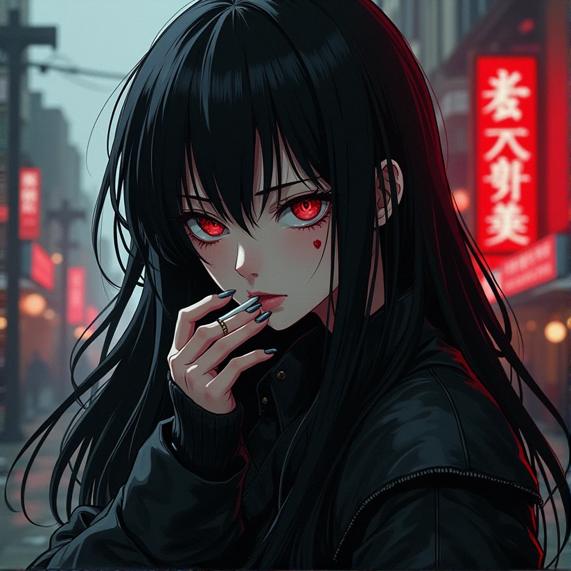 1girl, earrings, solo,lips, female focus, red eyes, looking at viewer, black hair, long hair, closed mouth, Cigarette in the mouth