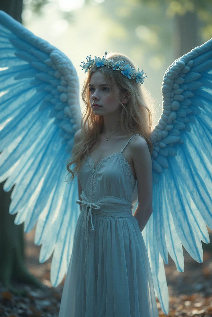 8k, RAW photo, best quality, ultra high resolution, (photorealistic), realistic photo of skinny blonde girl angel with big white wings, (skinny blonde girl, 20 years old, most beautiful slavic girl in the world, slim face, blue eyes, blonde hair, wavy hair), in the field, hills, sunset, bright light, (full body picture), standing posing for picture, angel, spread white wings, (white feather wings), halo, (wearing white see through sundress, (white translucent dress)), ((looking at viewer)), submissive look, epic, (extremely detailed CG unity 8k wallpaper), Sharp focus, (bright light)