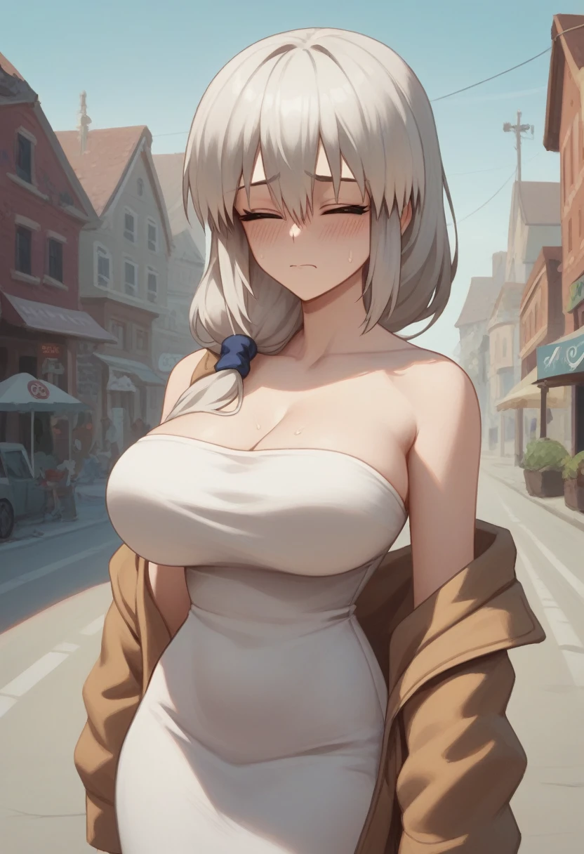 Large Breasts、blush、sweat、In the heat、Long white hair、Braiding、uzaki_luck、(The whole body is visible)、Simple white long sleeve dress、Troubled face、Eyes completely closed、Standing、
{Best Quality}, {so beautiful}, {Very detailed}, {Best illustrations},urban town background