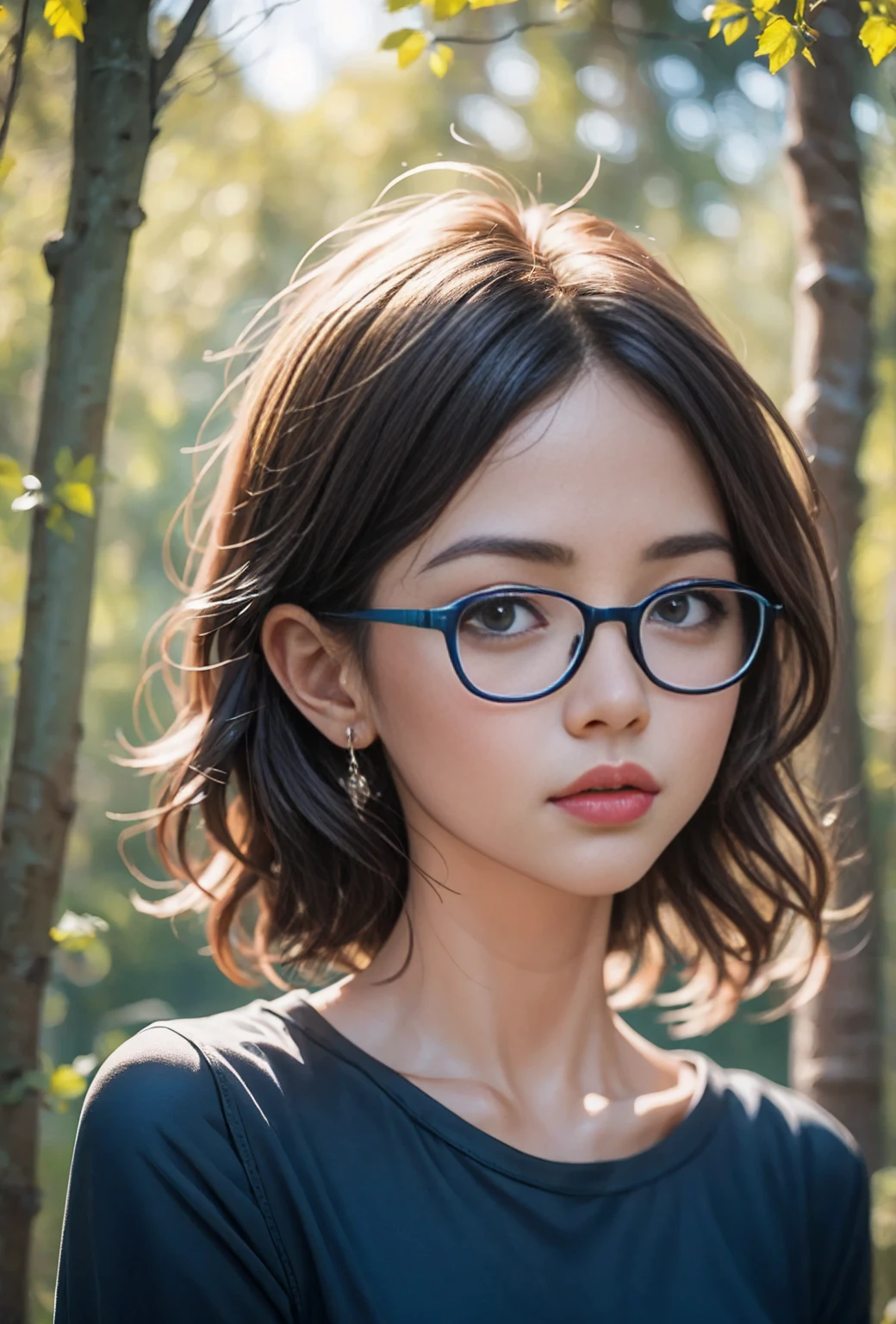 a punk girl wearing glasses and a black shirt, blurred blue grass and trees in the background, short brown hair, extremely detailed face, best quality, highres