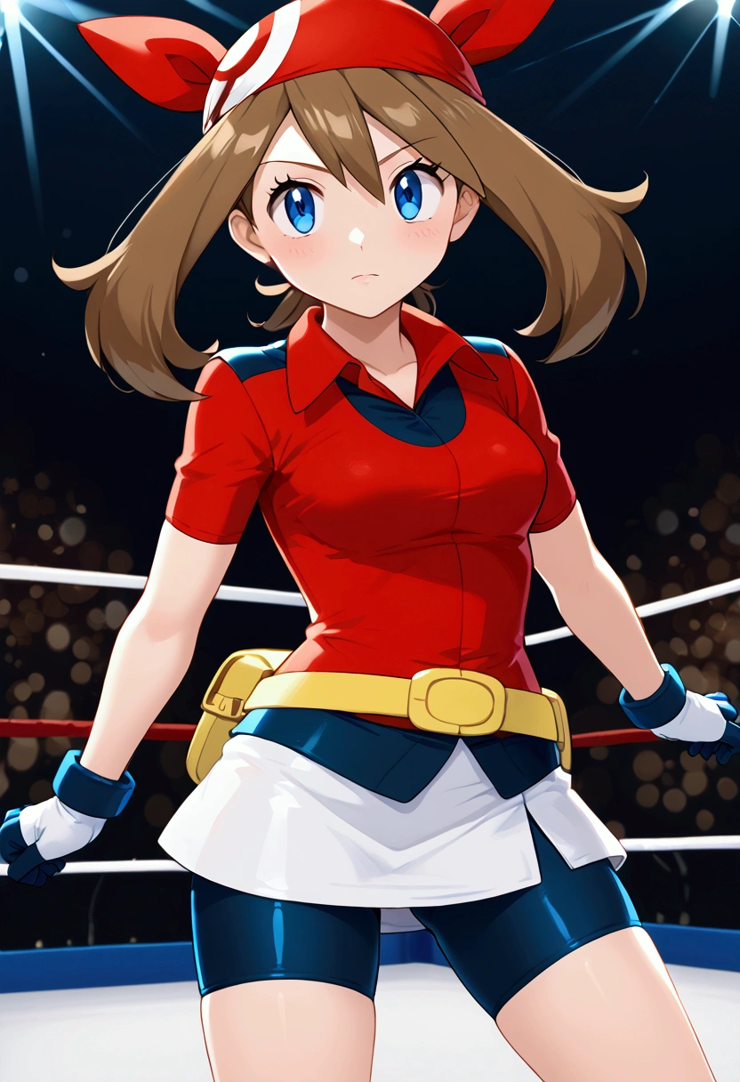 pokemonmay, blue eyes, brown hair, bandana, long hair, red bandana, twintails, hair between eyes, bike shorts, collared shirt, gloves, microskirt, multicolored shirt, pencil skirt, red shirt, shirt, short sleeves, skirt, white skirt, 1girl, anime screenshot, anime colors, vivid colors, masterpiece, score_9up, wrestling ring,