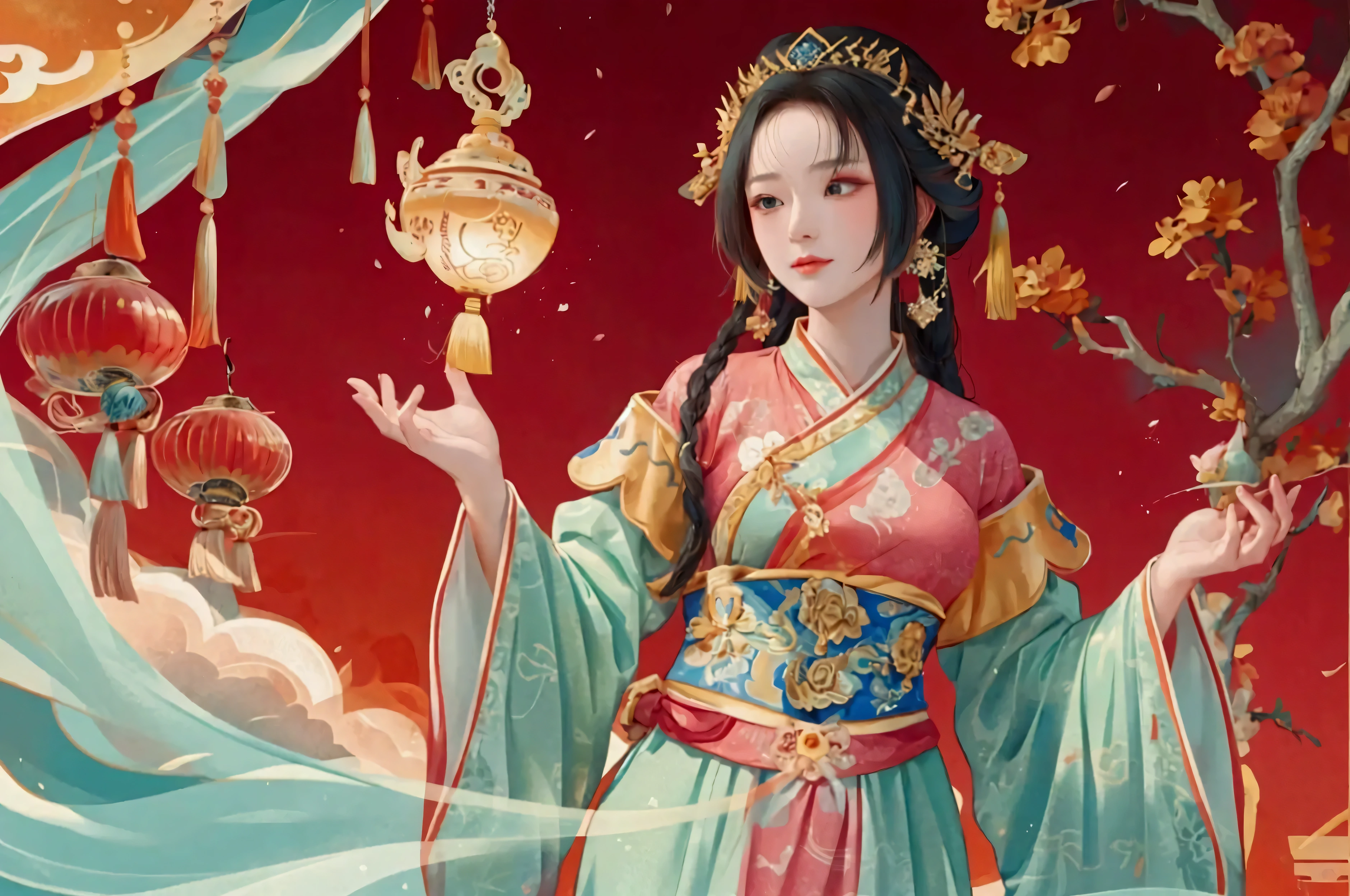 A beautiful woman in the costume of the Ming Queen is in front