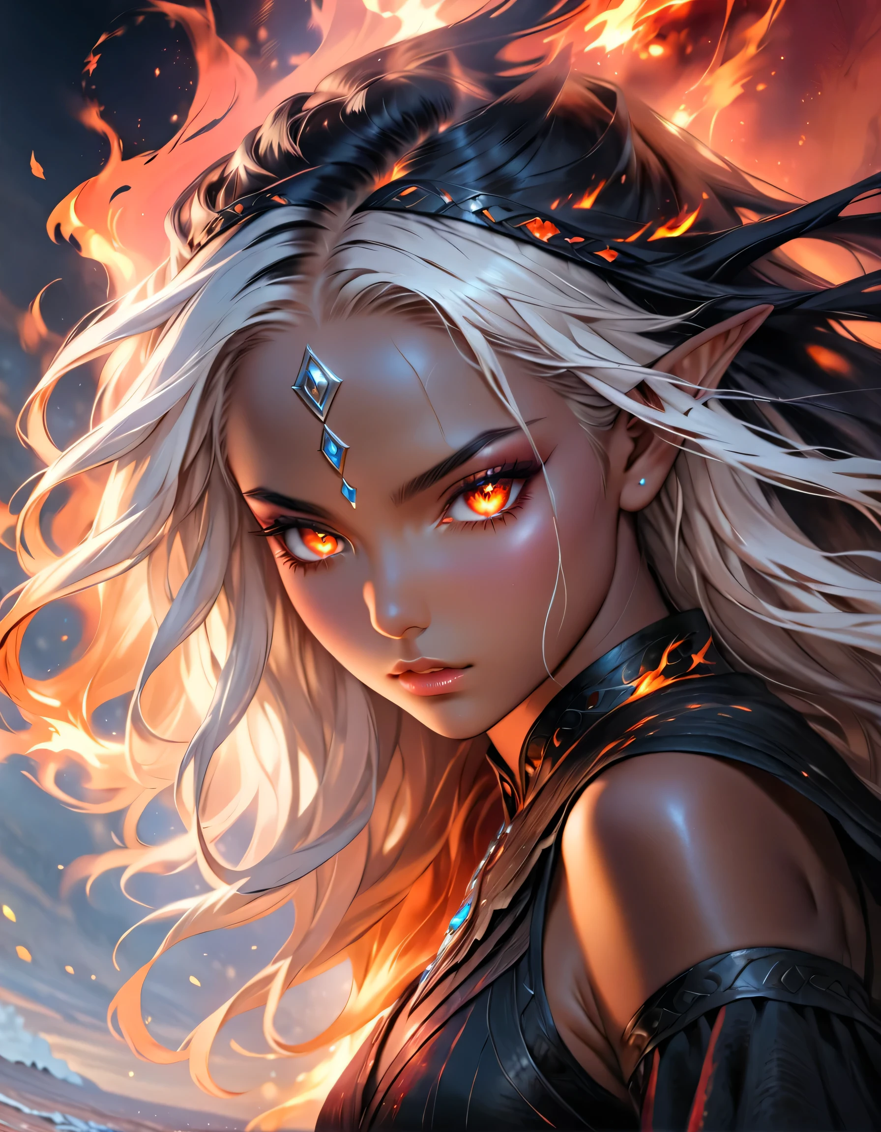 a portrait of a female dark elf, ((black skin: 1.3)), white hair, long hair, wavy hair, flowing hair, sparkling fiery eyes, there are jewelry in her hair. best quality, 16k, ultra detailed, masterpiece, best quality, (extremely detailed), dynamic angle, ultra wide shot, photorealistic, RAW, fantasy art, dnd art,fantasy art, realistic art