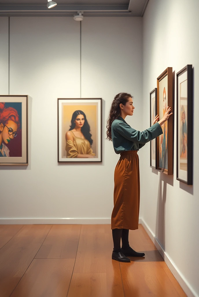 Long shot of an elegant woman looking at paintings in an dark art studio with skylight, room full of paintings, full body shot, art by J.C. Leyendecker, Canon 5d Mark 4, Kodak Ektar, neon light