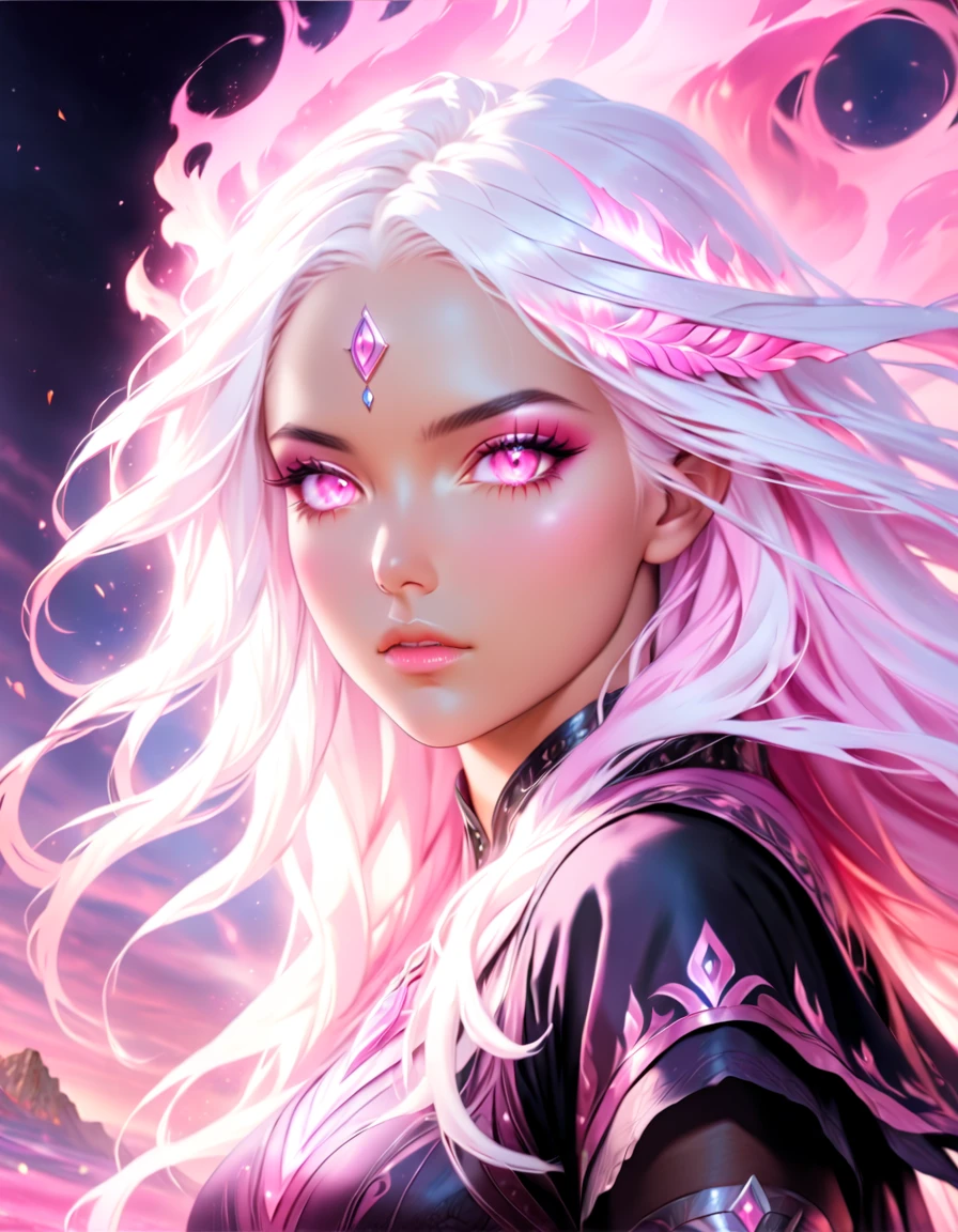 a portrait of a female dark elf, black skin, white hair, long hair, wavy hair, flowing hair, sparkling pink fiery eyes, there are jewelry in her hair. best quality, 16k, ultra detailed, masterpiece, best quality, (extremely detailed), dynamic angle, ultra wide shot, photorealistic, RAW, fantasy art, dnd art,fantasy art, realistic art