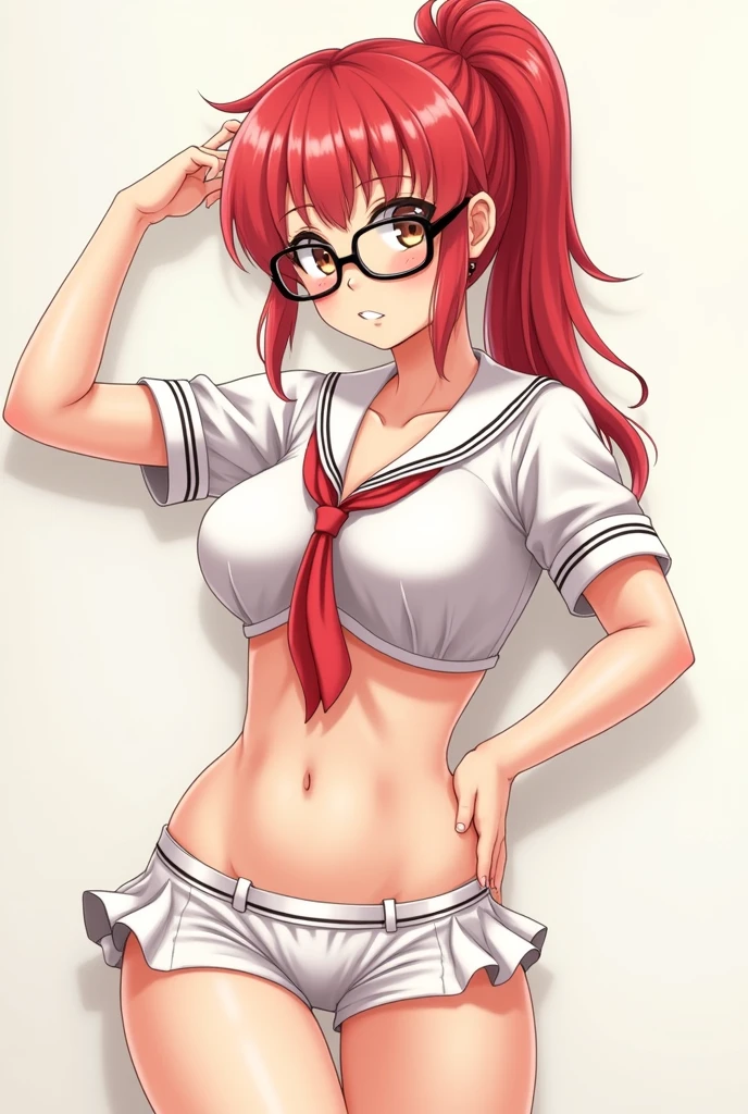 Top quality, One girl, standing, Full body, Soft, Super clear, High definition image, (front), (Front of the body), Middle breast, Red hair, Ponytail, White sprite bra, White sprite panties, Strong, beautiful, Dainty, Looking at camera, Blushing, Red eyes, Open mouth