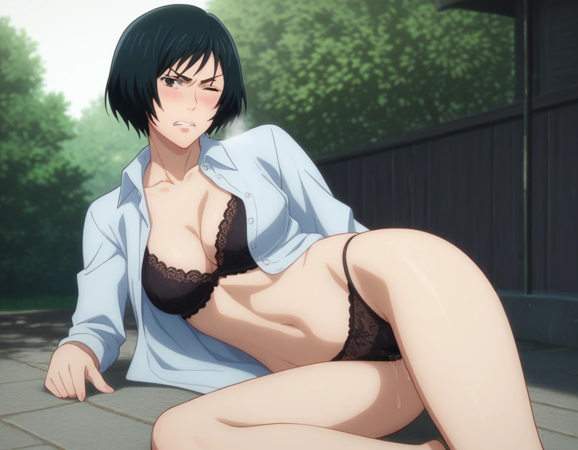 score_9, score_8_up, score_7_up, sauce_anime, ambient light,
jujutsu_kaisen_style, Mai Zenin,,zenin mai,  maizeninSDXL ,1girl ,tall girl, black hair, black eyes, short hair, , wince, frown, close up face:0.2,
nsfw, (show off breast),undress shirt, ,, in lace panties, pussy juice,
outdoors,, realistic outdoor, (on side), , steam, 
cowboy shot,, looking at viewer, solo, , blush,, lace bra , clenched teeth, saliva,, medium breast,