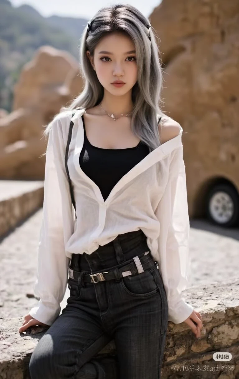 photorealistic, high resolution, 1 girl, white hair, Korean, blue eyes, white shirt, tight black shorts, thin, 4k, UHD, HDR