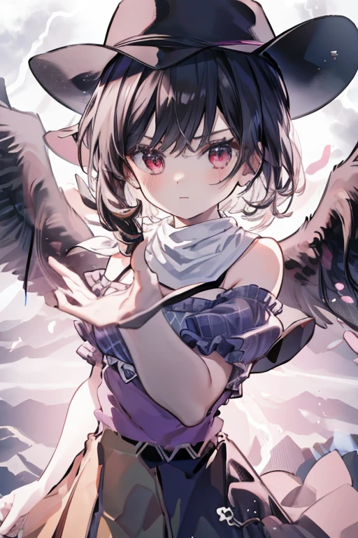 masterpiece, best quality ,
 1girl, cowboy hat, Kurokomasaki, Alone, gun, Wings, weapon, black hair, red eyes, black Wings, hat, breasts, bandana, off-shoulder shirt, off shoulder, shirt, white background, looking at viewer, brown headwear,  blue shirt, bangs, upper body, feathered Wings, holding gun, aiming at viewer, handgun, simple background, bare shoulders, holding, holding weapon, revolver, short sleeves, plaid, medium breasts, puffy sleeves　Meteor Shower　　My breasts are small　The outfit is default　Riding a jet-black thoroughbred　Ride a dark winged horse　Cherry Blossoms at Night　Cherry blossom blizzard at night　Riding a black horse　 Riding a jet-black thoroughbred