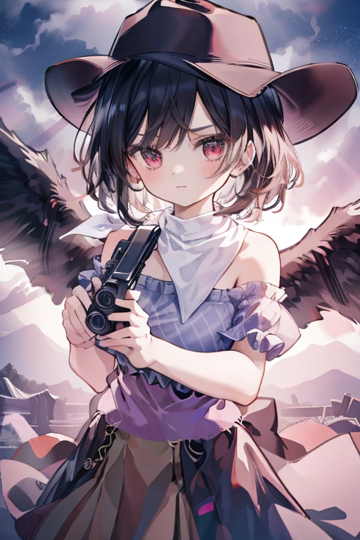 masterpiece, best quality ,
 1girl, cowboy hat, Kurokomasaki, Alone, gun, Wings, weapon, black hair, red eyes, black Wings, hat, breasts, bandana, off-shoulder shirt, off shoulder, shirt, white background, looking at viewer, brown headwear,  blue shirt, bangs, upper body, feathered Wings, holding gun, aiming at viewer, handgun, simple background, bare shoulders, holding, holding weapon, revolver, short sleeves, plaid, medium breasts, puffy sleeves　Meteor Shower　　My breasts are small　The outfit is default　Riding a jet-black thoroughbred　Ride a dark winged horse　Cherry Blossoms at Night　Cherry blossom blizzard at night　Riding a black horse　 Riding a jet-black thoroughbred