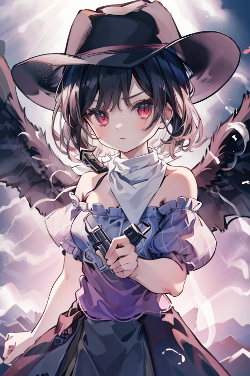 masterpiece, best quality ,
 1girl, cowboy hat, Kurokomasaki, Alone, gun, Wings, weapon, black hair, red eyes, black Wings, hat, breasts, bandana, off-shoulder shirt, off shoulder, shirt, white background, looking at viewer, brown headwear,  blue shirt, bangs, upper body, feathered Wings, holding gun, aiming at viewer, handgun, simple background, bare shoulders, holding, holding weapon, revolver, short sleeves, plaid, medium breasts, puffy sleeves　Meteor Shower　　My breasts are small　The outfit is default　Riding a jet-black thoroughbred　Ride a dark winged horse　Cherry Blossoms at Night　Cherry blossom blizzard at night　Riding a black horse　 Riding a jet-black thoroughbred