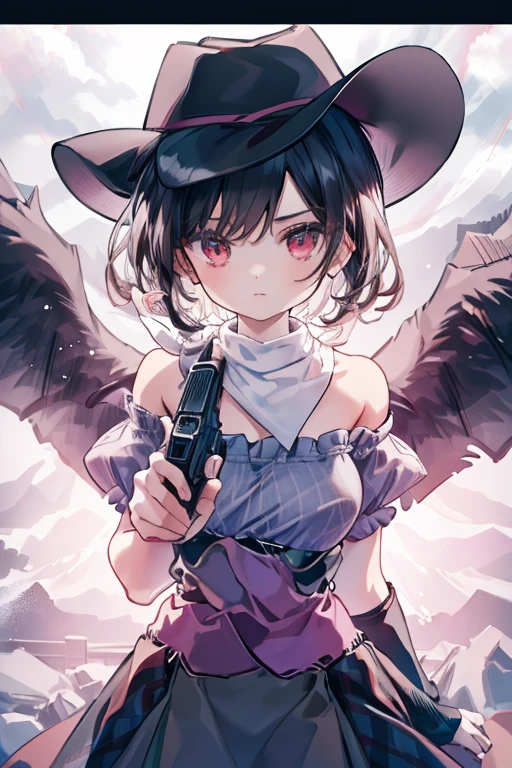 masterpiece, best quality ,
 1girl, cowboy hat, Kurokomasaki, Alone, gun, Wings, weapon, black hair, red eyes, black Wings, hat, breasts, bandana, off-shoulder shirt, off shoulder, shirt, white background, looking at viewer, brown headwear,  blue shirt, bangs, upper body, feathered Wings, holding gun, aiming at viewer, handgun, simple background, bare shoulders, holding, holding weapon, revolver, short sleeves, plaid, medium breasts, puffy sleeves　Meteor Shower　　My breasts are small　The outfit is default　Riding a jet-black thoroughbred　Ride a dark winged horse　Cherry Blossoms at Night　Cherry blossom blizzard at night　Riding a black horse　 Riding a jet-black thoroughbred