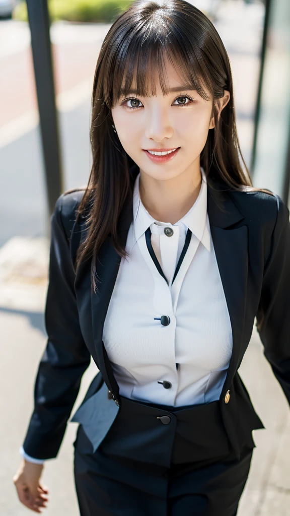 Woman in a suit standing on the sidewalk,((23-year-old woman))、small Breasts、Dark brown hair color、Hairstyle with bangs、Various hairstyles、Hairstyles of different lengths、(8k, RAW Photos, highest quality, Tabletop: 1.2),、(Realistic, Realistic: 1.3), Cityscape, Day, Sunny Morning, Professional Lighting, Photon Mapping, shirt, (Woman in a suit,) Silk Suit、Pencil Skirt、Tight Skirt、((Delicate photo))，(Detailed RAW Photos of Girls), (Tabletop:1.25), (highest quality:1.6), (超A high resolution:1.5), (Realistic:1.75), 8k resolution, Caphin EOS R5, 50mm, absurdes, Ultra-detailed,Cinema Lighting, (Skirt Lift:1.5)、nsfw、the wind is strong、smile、Skirt flipped up, ((phi_panties)), beautiful pussy, nsfw,