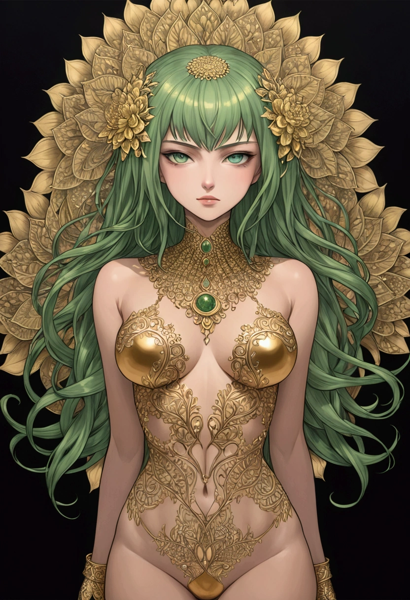 beautiful busty Asian elf woman nude magic tattoo emerald eyes black extremely long hair coiled on the floor