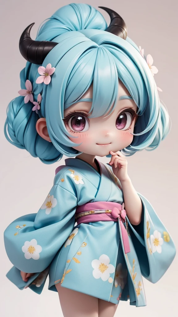 "A cute, childlike demon girl (onna) with gentle, friendly features. She has small horns on her head, large innocent eyes and a kind smile. Her skin is a slightly otherworldly shade, perhaps pale blue or pale red, and she wears a playful kimono with a floral pattern, accentuating her youthful, adorable appearance. Her hair is styled in a cute, childlike style, such as a braid or a bob cut. The background is simple, perhaps with soft pastel colors to accentuate her cuteness and magical aura. The overall atmosphere is warm and enchanting."