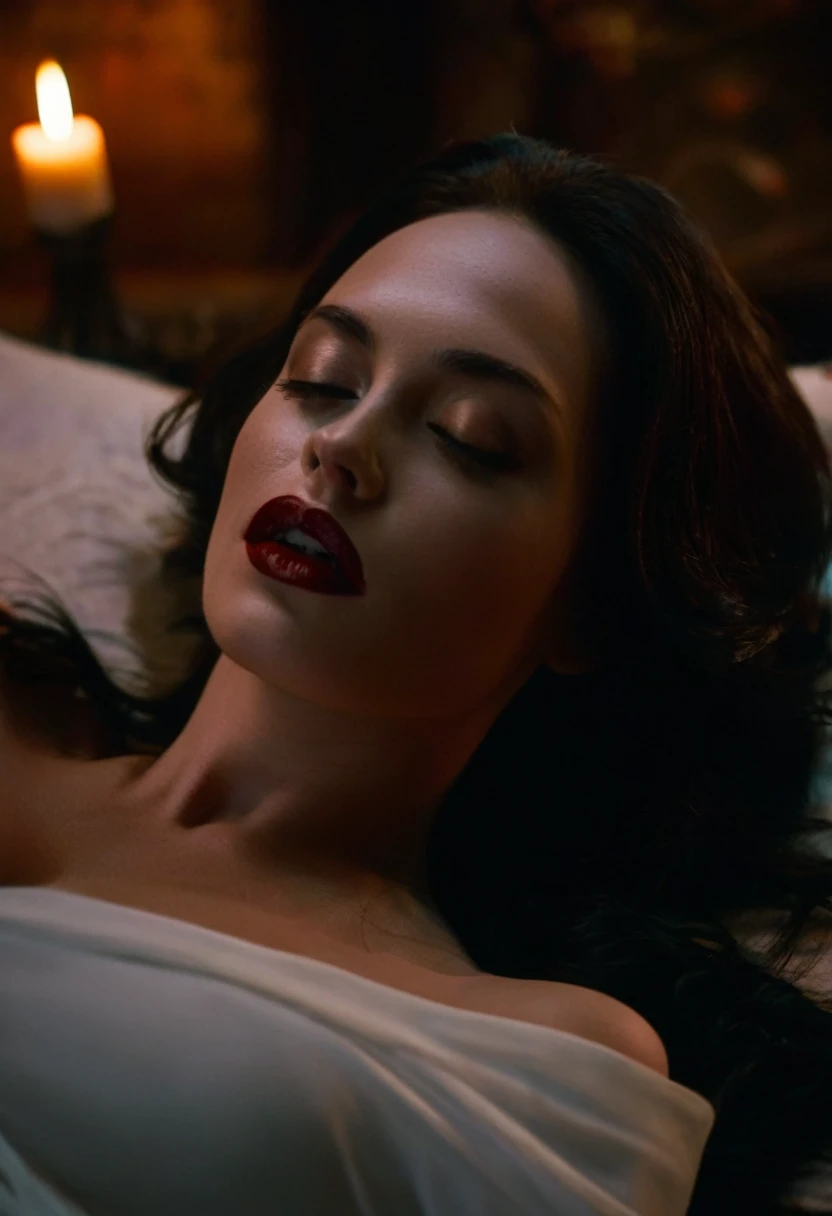 A cinematic shot frames the Countess's coffin, dimly lit by flickering candles casting an eerie glow. The camera captures her peerless beauty, seemingly sleeping peacefully, with no shadow on her porcelain skin. However, closer inspection reveals her voluptuous breasts not rising and falling, and her rosy complexion surprisingly cold to the touch. The lens zooms in on her face, showcasing parted lips revealing two sharp fangs, as if beckoning for a kiss. The Countess's bewitching form is bathed in an otherworldly aura, hinting at her immortal nature as a seductive and terrifying vampire., professional, vivid colors, perfect anatomy, ideal facial features, ideally proportioned figure, perfectly beautiful body, super detailed skin, glossy skin, glistening skin, fresh white skin, Glamor, soft and curvy, body conscious, indoors, The burial chamber of an ancient castle, a luxurious coffin lined with crimson velvet carpet, lying, upper body shot, Straight-on shot, Portrait, black long hair, Forehead, arched eyebrows, double eyelids, nose, nostrils, full lips, dark lipstick, glossy lips, A slightly open whispering mouth, teeth, vampire fangs, neck, collarbone, cleavage, huge breast, shallow depth of field, entirety of sharp focus, vignette, highly detailed, high budget, bokeh, cinemascope, moody, epic, gorgeous, film grain, grainy, masterpiece, incredibly absurd resolution, absolutely resolution, ultra high resolution,
