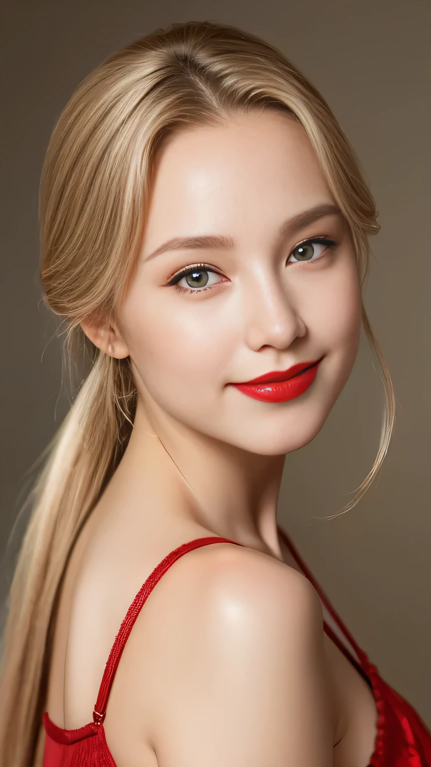 A girl, Georgeus, face shot, close face shot, face portrait, close up zoom on face portrait art by Albert Lynch, John Singer Sargent and James Tissot, blonde hair, back ponytail, seductive smile,cute smile, wearing red G-string, sexy woman, hot, intricate, masterpiece, beautiful breasts, Red Lipstick, sensual Lipstick, Sensational Make up