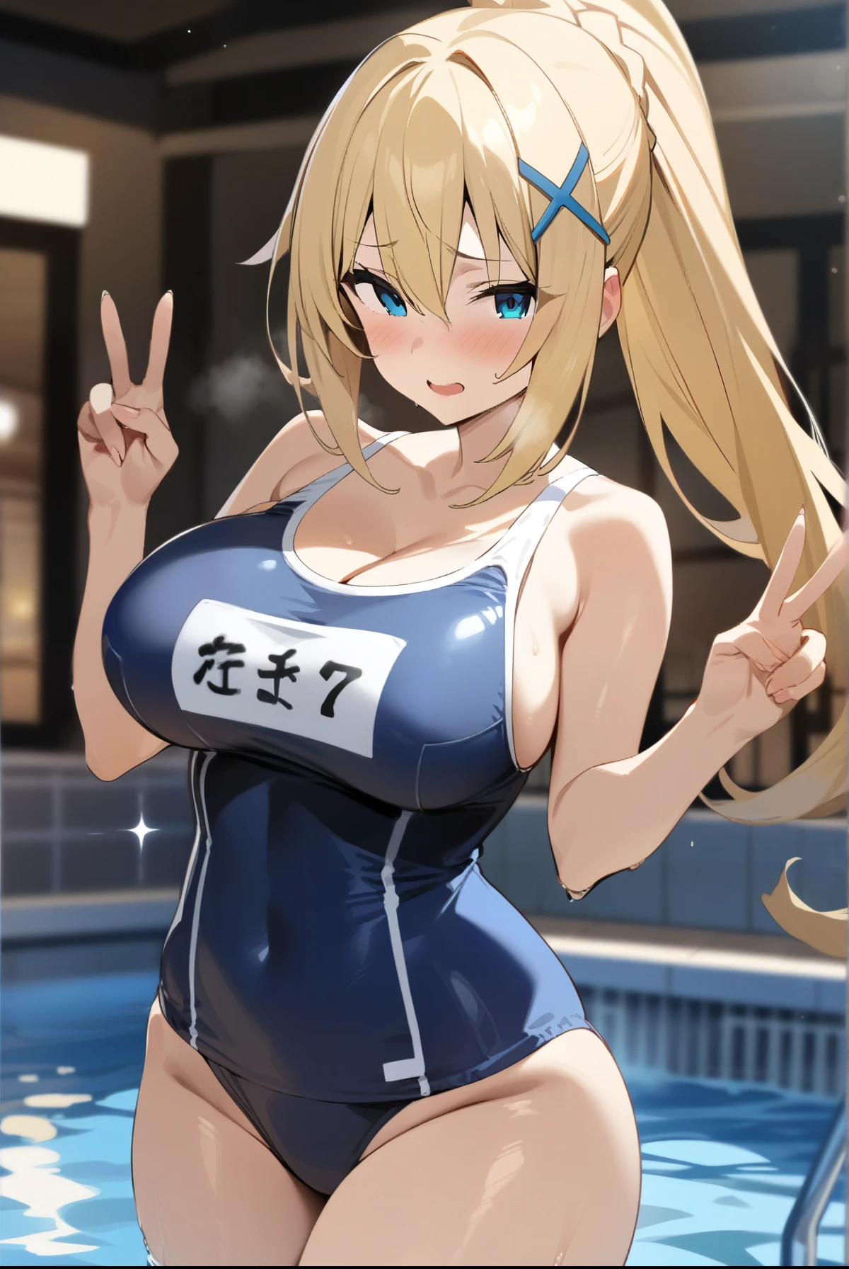 score_9, score_8_up, score_7_up,masterpiece, best quality, intricate details, absurdres,1girl,Darkness(Konosuba),(large, curvy breasts),blonde hair,blue eyes,blush,breasts,competition school swimsuit,cowboy shot,hair ornament,double V, fingernails,indoors,large breasts,long hair,looking at viewer,ponytail,pool,school swimsuit,solo,swimsuit,x hair ornament