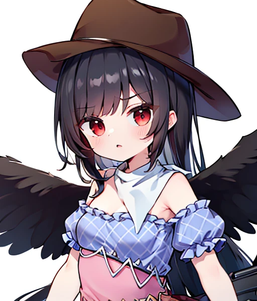 masterpiece, best quality ,
 1girl, cowboy hat, Kurokomasaki, Alone, gun, Wings, weapon, black hair, red eyes, black Wings, hat, breasts, bandana, off-shoulder shirt, off shoulder, shirt, white background, looking at viewer, brown headwear,  blue shirt, bangs, upper body, feathered Wings, holding gun, aiming at viewer, handgun, simple background, bare shoulders, holding, holding weapon, revolver, short sleeves, plaid, medium breasts, puffy sleeves　Meteor Shower　　My breasts are small　The outfit is default　Riding a jet-black thoroughbred　Ride a dark winged horse　Cherry Blossoms at Night　Cherry blossom blizzard at night　Riding a black horse　 Riding a jet-black thoroughbred