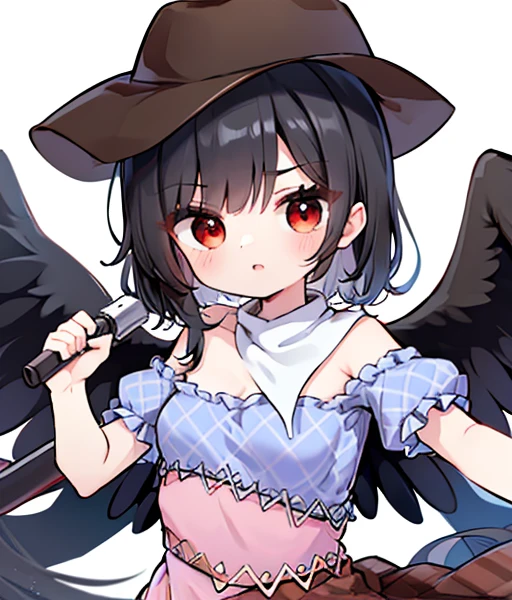 masterpiece, best quality ,
 1girl, cowboy hat, Kurokomasaki, Alone, gun, Wings, weapon, black hair, red eyes, black Wings, hat, breasts, bandana, off-shoulder shirt, off shoulder, shirt, white background, looking at viewer, brown headwear,  blue shirt, bangs, upper body, feathered Wings, holding gun, aiming at viewer, handgun, simple background, bare shoulders, holding, holding weapon, revolver, short sleeves, plaid, medium breasts, puffy sleeves　Meteor Shower　　My breasts are small　The outfit is default　Riding a jet-black thoroughbred　Ride a dark winged horse　Cherry Blossoms at Night　Cherry blossom blizzard at night　Riding a black horse　 Riding a jet-black thoroughbred