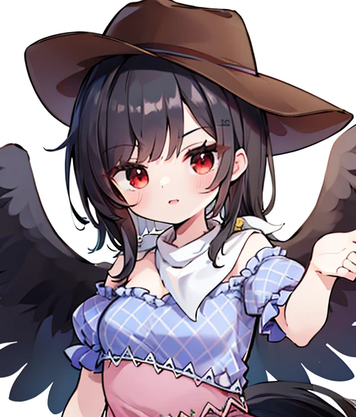 masterpiece, best quality ,
 1girl, cowboy hat, Kurokomasaki, Alone, gun, Wings, weapon, black hair, red eyes, black Wings, hat, breasts, bandana, off-shoulder shirt, off shoulder, shirt, white background, looking at viewer, brown headwear,  blue shirt, bangs, upper body, feathered Wings, holding gun, aiming at viewer, handgun, simple background, bare shoulders, holding, holding weapon, revolver, short sleeves, plaid, medium breasts, puffy sleeves　Meteor Shower　　My breasts are small　The outfit is default　Riding a jet-black thoroughbred　Ride a dark winged horse　Cherry Blossoms at Night　Cherry blossom blizzard at night　Riding a black horse　 Riding a jet-black thoroughbred