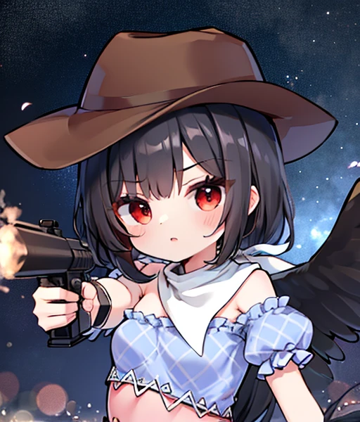 masterpiece, best quality ,
 1girl, cowboy hat, Kurokomasaki, Alone, gun, Wings, weapon, black hair, red eyes, black Wings, hat, breasts, bandana, off-shoulder shirt, off shoulder, shirt, white background, looking at viewer, brown headwear,  blue shirt, bangs, upper body, feathered Wings, holding gun, aiming at viewer, handgun, simple background, bare shoulders, holding, holding weapon, revolver, short sleeves, plaid, medium breasts, puffy sleeves　Meteor Shower　　My breasts are small　The outfit is default　Riding a jet-black thoroughbred　Ride a dark winged horse　Cherry Blossoms at Night　Cherry blossom blizzard at night　Riding a black horse　 Riding a jet-black thoroughbred