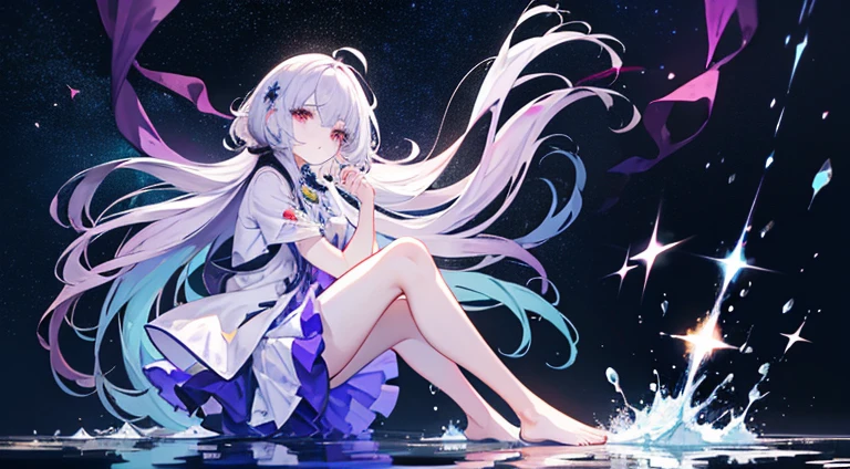 Lilac gradient hair,Asymmetrical hair,((Very voluminous hair 1.8,Clear head outline 1.5)), Shoulder-length hair, Messy hair, Very long hair, Shiny hair,(Long hair:1.2),A beautiful girl,Gorgeous purple mini skirt,tall,slim,(看起来很sad,pale,sad,shut up:1.2) Against the backdrop of the bright dark starry sky,Side-lying,barefoot,float,water surface,dignified,Long Law,Long Law,fully,Normal legs,Whole body love
