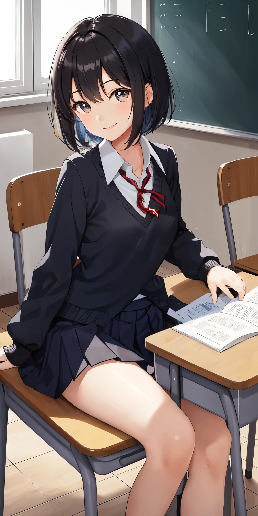 Anime girl sitting at a desk with a book in her hand - SeaArt AI