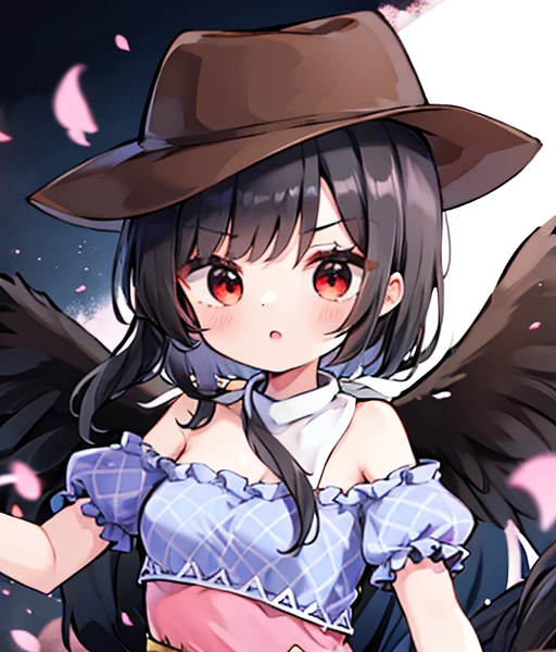 masterpiece, best quality ,
 1girl, cowboy hat, Kurokomasaki, Alone, gun, Wings, weapon, black hair, red eyes, black Wings, hat, breasts, bandana, off-shoulder shirt, off shoulder, shirt, white background, looking at viewer, brown headwear,  blue shirt, bangs, upper body, feathered Wings, holding gun, aiming at viewer, handgun, simple background, bare shoulders, holding, holding weapon, revolver, short sleeves, plaid, medium breasts, puffy sleeves　Meteor Shower　　My breasts are small　The outfit is default　Riding a jet-black thoroughbred　Ride a dark winged horse　Cherry Blossoms at Night　Cherry blossom blizzard at night　Riding a black horse　 Riding a jet-black thoroughbred　🤠🐴🐎　馬に乗っています