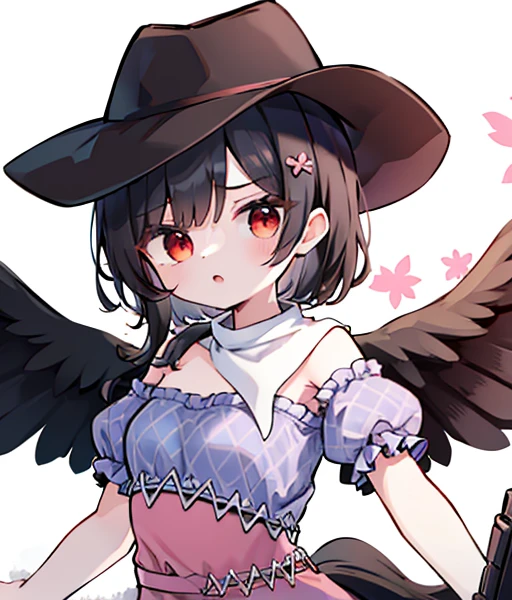 masterpiece, best quality ,
 1girl, cowboy hat, Kurokomasaki, Alone, gun, Wings, weapon, black hair, red eyes, black Wings, hat, breasts, bandana, off-shoulder shirt, off shoulder, shirt, white background, looking at viewer, brown headwear,  blue shirt, bangs, upper body, feathered Wings, holding gun, aiming at viewer, handgun, simple background, bare shoulders, holding, holding weapon, revolver, short sleeves, plaid, medium breasts, puffy sleeves　Meteor Shower　　My breasts are small　The outfit is default　Riding a jet-black thoroughbred　Ride a dark winged horse　Cherry Blossoms at Night　Cherry blossom blizzard at night　Riding a black horse　 Riding a jet-black thoroughbred　🤠🐴🐎　馬に乗っています