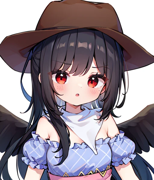 masterpiece, best quality ,
 1girl, cowboy hat, Kurokomasaki, Alone, gun, Wings, weapon, black hair, red eyes, black Wings, hat, breasts, bandana, off-shoulder shirt, off shoulder, shirt, white background, looking at viewer, brown headwear,  blue shirt, bangs, upper body, feathered Wings, holding gun, aiming at viewer, handgun, simple background, bare shoulders, holding, holding weapon, revolver, short sleeves, plaid, medium breasts, puffy sleeves　Meteor Shower　　My breasts are small　The outfit is default　Riding a jet-black thoroughbred　Ride a dark winged horse　Cherry Blossoms at Night　Cherry blossom blizzard at night　Riding a black horse　 Riding a jet-black thoroughbred　🤠🐴🐎　馬に乗っています