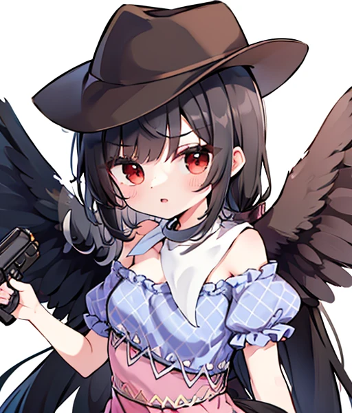 masterpiece, best quality ,
 1girl, cowboy hat, Kurokomasaki, Alone, gun, Wings, weapon, black hair, red eyes, black Wings, hat, breasts, bandana, off-shoulder shirt, off shoulder, shirt, white background, looking at viewer, brown headwear,  blue shirt, bangs, upper body, feathered Wings, holding gun, aiming at viewer, handgun, simple background, bare shoulders, holding, holding weapon, revolver, short sleeves, plaid, medium breasts, puffy sleeves　Meteor Shower　　My breasts are small　The outfit is default　Riding a jet-black thoroughbred　Ride a dark winged horse　Cherry Blossoms at Night　Cherry blossom blizzard at night　Riding a black horse　 Riding a jet-black thoroughbred　🤠🐴🐎　馬に乗っています