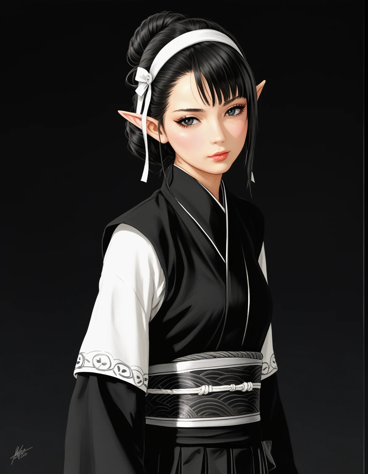 An anime character wearing short black and white hakamas, two ribbons {one at each side of her hairband}, white obi with black and white seigaiha pattern, girl with elf ears, a beautiful young girl with long black hair tied up in one single bun centered on top of her head, asymmetrical chopped bangs sideswept to the right, white hairband with ribbons on both sides of her head, a lock of hair falling in front of the right side of her face. Full shot of an anime character wearing short black and white hakamas, two ribbons {one at each side of her hairband}, white obi with black and white seigaiha pattern, create a digital illustration of full body of a female character with almond-shaped black eyes, elf ears, and round dots instead of eyebrows. For the hairstyle, she should have black hair styled into a single bun at the back of her head, complemented by asymmetrically chopped bangs that transition into a long lock on one side. Her outfit should match short hakama with detached sleeves and frills under the shorts and the sleeves, in a gothic style, featuring intricate white lace patterns, detailed cutouts, and a white obi with a black seigaiha black pattern. The upper part of the outfit should be a kimono blouse with detached sleeves. The outfit should include layered skirts and ribbon details to emphasize a similar aesthetic. Add a muted background that complements her striking attire and hairstyle. Artwork in the style of guweiz, digital art inspired by the style of Ilya Kuvshinov, 8k, high resolution, HDR, vivid colors, dramatic light detailed anime art, 8k, high resolution, photorealistic, dramatic lighting, artwork in the style of guweiz, detailed portrait of anime girl, beautiful anime portrait, anime realism style, anime style portrait, anime style 4 k, realistic anime art style, digital art ilya kuvshinov, realistic anime artstyle, ilya kuvshinov. Portrait anime girl, girl wearing black hakama with detached sleeves.