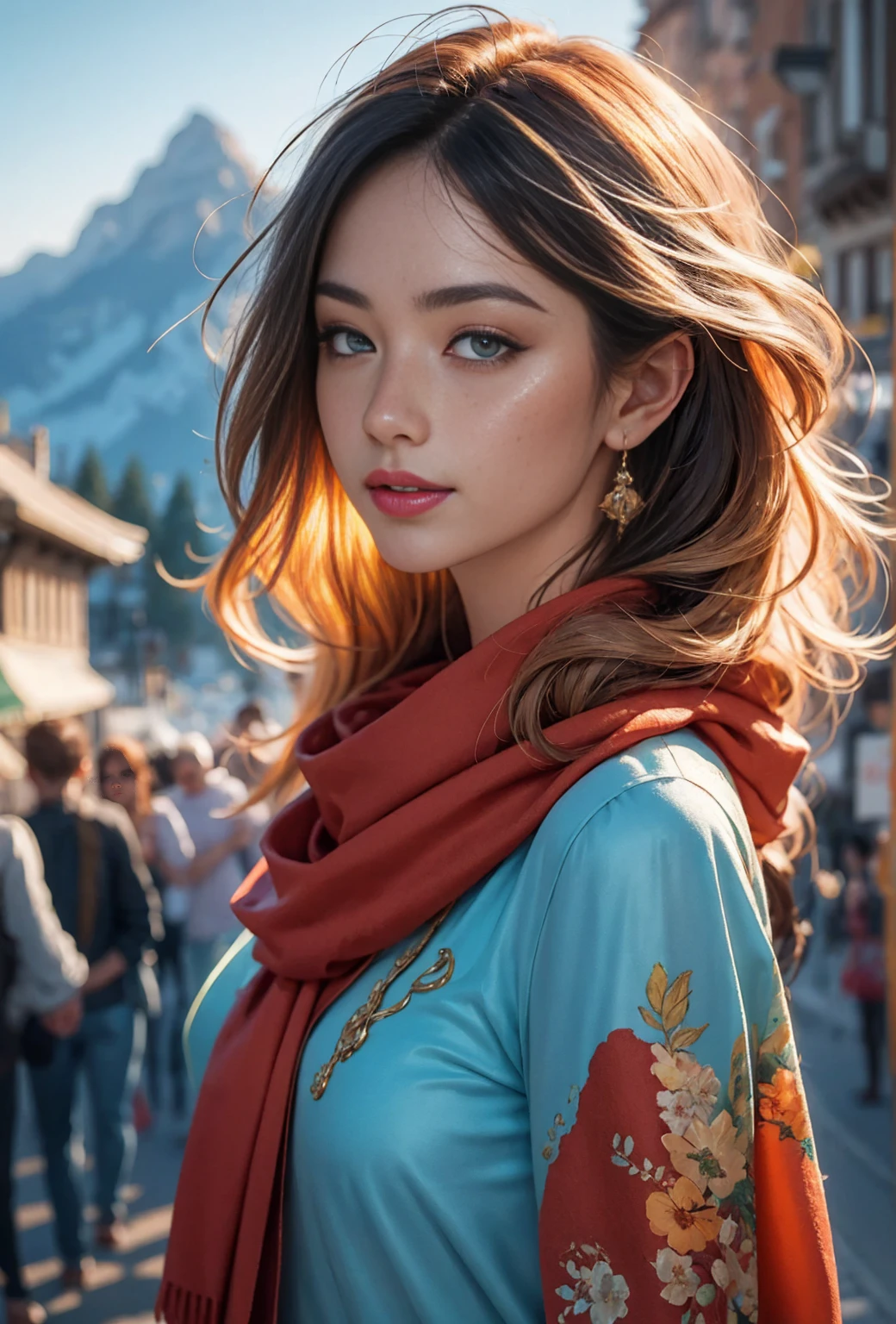 1 woman, short orange hair, green eyes, freckles, smiling, red scarf, blue shirt with rolled up sleeves, mountains, looking at viewer, best quality, 4k, 8k, highres, masterpiece:1.2, ultra-detailed, realistic, photorealistic, photo-realistic:1.37, HDR, UHD, studio lighting, ultra-fine painting, sharp focus, physically-based rendering, extreme detail description, professional, vivid colors, bokeh, portrait, landscape