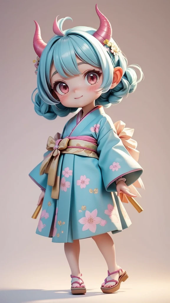 Full body view, standing from the front, both arms and both legs clearly visible"A cute, childlike demon girl (onna) with gentle, friendly features. She has small horns on her head, large innocent eyes and a kind smile. Her skin is a slightly otherworldly shade, perhaps pale blue or pale red, and she wears a playful kimono with a floral pattern, accentuating her youthful, adorable appearance. Her hair is styled in a cute, childlike style, such as a braid or a bob cut. The background is simple, perhaps with soft pastel colors to accentuate her cuteness and magical aura. The overall atmosphere is warm and enchanting."