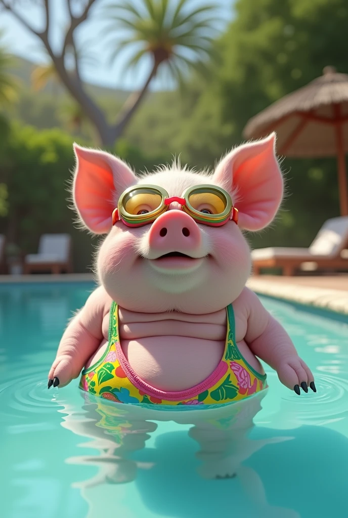 A fat man with a pig mask smoking a cigar swimming in a pool