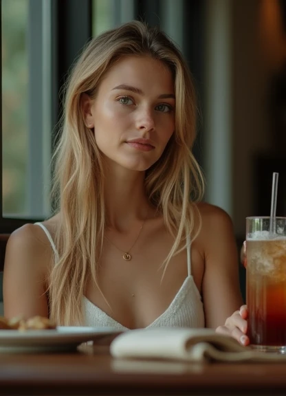 (Realistic photo quality), score_9, score_8_up, score_7_up, score_6_up, score_5_up, gorgeous young white woman, influencer, ,23 y.o, sweet face,brown eyes,downturned eyes,heart shaped lips,straight eyebrows,raised nose,round face, (Masterpiece, best quality, photorealistic, highres, professional photography, :1.4), full body shot, sharp focus, (1 girl, Paige Spiranac), perfect hands and fingers, realistic skin, perfect body shape, huge breasts, cleavage, (stylish hairstyle, extremely detailed hair), delicate sexy face, playful gaze, glossy lips, ((fashion clothes and luxury accessories)), drinking coffee on a coffeehouse in paris, film, bokeh, ((soft illumination, highly detailed, realistic, super realistic, realism, realistic detail))