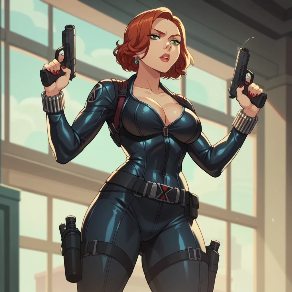 Imagine Christina Hendricks as an Resident Evil character, Christina Hendricks as a video game character, Resident Evil, Christina Hendricks in a survival horror shooter video game, created in Mark Fillion style. High-quality facial research of Christina Hendricks, (Christina's sculpted cheekbones and slight wrinkles around the face), 48 years old, High-quality detailed research of Christina Hendricks voluptuous figure. Body armor, black armored suit, cleavage, high-tech goggles, metallic utility belt, metal arm bands, gun holsters, fingerless gloves. Glamorous, confident expression, fierce and powerful stance.((aiming at the viewer with a gun)), action pose, dynamic pose. Dramatic lighting, high contrast, horror based aesthetics, shadows and highlights, 8k wallpaper, smoke and debris surrounding her