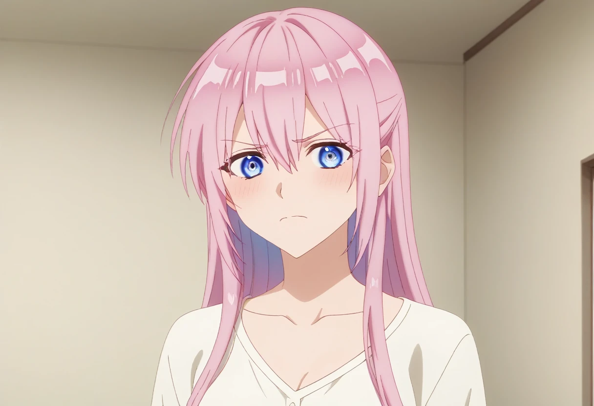 score_9, score_8_up, score_7_up, sauce_anime, ambient light,                                                                                                                                                                             
Kawaii Dake Janai Shikimori-san ,shikimori miyako, tall girl,1girl , pink hair, long hair, blue eyes, hair between eyes, bangs, , wince, frown, close up face:0.2,                     
nsfw, (show off breast),,  ,white dress open shirt, ,, undress miniskirt , in white lace panties,                                                                                                                                                                                                                   
indoors,, school ,realistic class room, (on side),                                                                                                                                              
cowboy shot,, looking at viewer, solo, dutch angle, blush,, lace bra, clenched teeth,,, small breast,