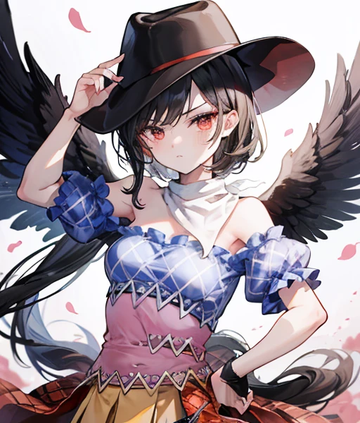 masterpiece, best quality ,
 1girl, cowboy hat, Kurokomasaki, alone, gun, Wings, weapon, black hair, red eyes, black Wings, hat, breasts, bandana, off-shoulder shirt, off shoulder, shirt, white background, looking at viewer, brown headwear,  blue shirt, bangs, upper body, feathered Wings, holding gun, aiming at viewer, handgun, simple background, bare shoulders, holding, holding weapon, revolver, short sleeves, plaid, medium breasts, puffy sleeves　Meteor Shower　　My breasts are small　The outfit is default　Riding a jet-black thoroughbred　Ride a dark winged horse　Cherry Blossoms at Night　Cherry blossom blizzard at night　Riding a black horse　 Riding a jet-black thoroughbred　🤠🐴🐎　Riding a horse　Riding a horse