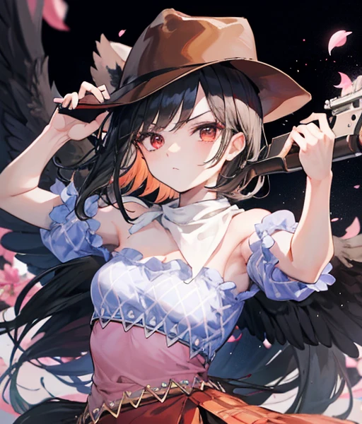 masterpiece, best quality ,
 1girl, cowboy hat, Kurokomasaki, alone, gun, Wings, weapon, black hair, red eyes, black Wings, hat, breasts, bandana, off-shoulder shirt, off shoulder, shirt, white background, looking at viewer, brown headwear,  blue shirt, bangs, upper body, feathered Wings, holding gun, aiming at viewer, handgun, simple background, bare shoulders, holding, holding weapon, revolver, short sleeves, plaid, medium breasts, puffy sleeves　Meteor Shower　　My breasts are small　The outfit is default　Riding a jet-black thoroughbred　Ride a dark winged horse　Cherry Blossoms at Night　Cherry blossom blizzard at night　Riding a black horse　 Riding a jet-black thoroughbred　🤠🐴🐎　Riding a horse　Riding a horse