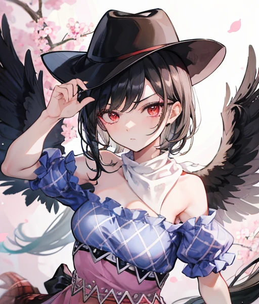 masterpiece, best quality ,
 1girl, cowboy hat, Kurokomasaki, alone, gun, Wings, weapon, black hair, red eyes, black Wings, hat, breasts, bandana, off-shoulder shirt, off shoulder, shirt, white background, looking at viewer, brown headwear,  blue shirt, bangs, upper body, feathered Wings, holding gun, aiming at viewer, handgun, simple background, bare shoulders, holding, holding weapon, revolver, short sleeves, plaid, medium breasts, puffy sleeves　Meteor Shower　　My breasts are small　The outfit is default　Riding a jet-black thoroughbred　Ride a dark winged horse　Cherry Blossoms at Night　Cherry blossom blizzard at night　Riding a black horse　 Riding a jet-black thoroughbred　🤠🐴🐎　Riding a horse　Riding a horse