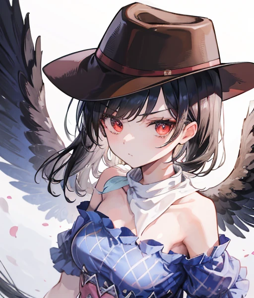 masterpiece, best quality ,
 1girl, cowboy hat, Kurokomasaki, alone, gun, Wings, weapon, black hair, red eyes, black Wings, hat, breasts, bandana, off-shoulder shirt, off shoulder, shirt, white background, looking at viewer, brown headwear,  blue shirt, bangs, upper body, feathered Wings, holding gun, aiming at viewer, handgun, simple background, bare shoulders, holding, holding weapon, revolver, short sleeves, plaid, medium breasts, puffy sleeves　Meteor Shower　　My breasts are small　The outfit is default　Riding a jet-black thoroughbred　Ride a dark winged horse　Cherry Blossoms at Night　Cherry blossom blizzard at night　Riding a black horse　 Riding a jet-black thoroughbred　🤠🐴🐎　Riding a horse　Riding a horse